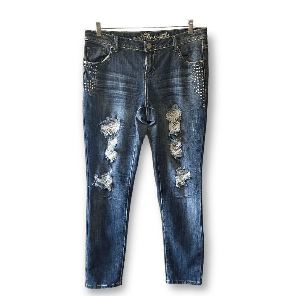Almost Famous Skinny Distressed Blinged Out Jeans, Size 14‎